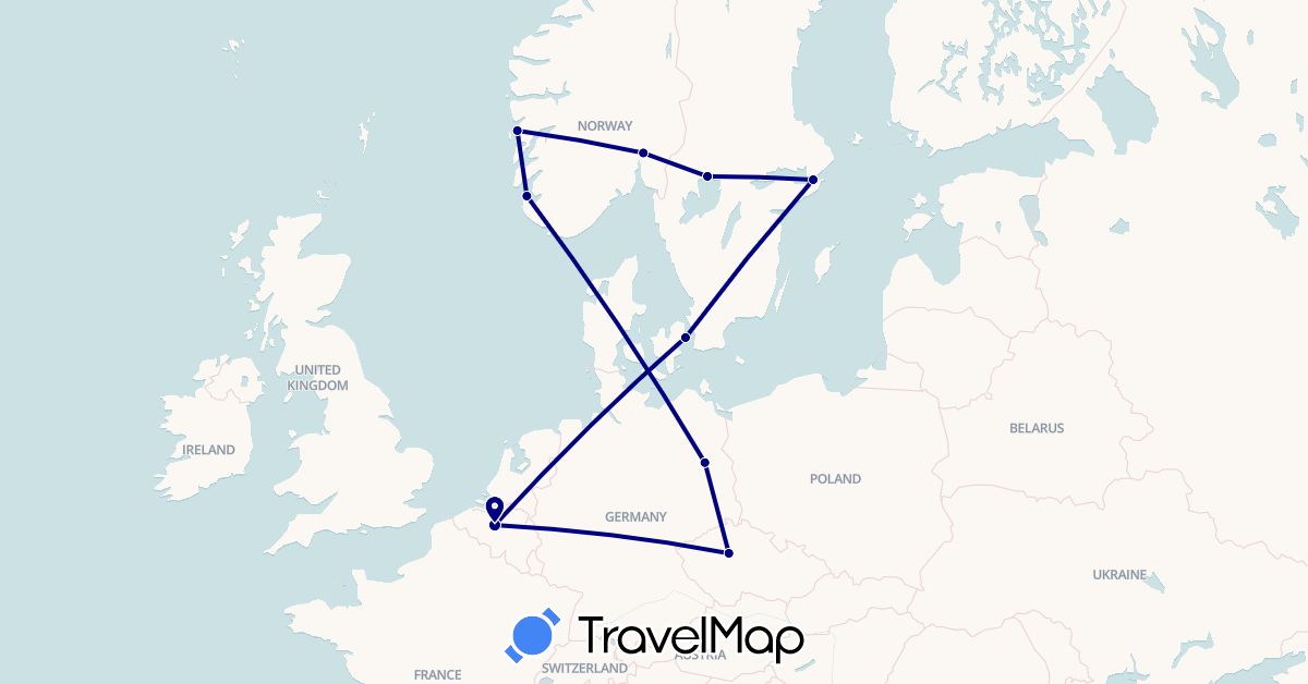 TravelMap itinerary: driving in Belgium, Czech Republic, Germany, Denmark, Norway, Sweden (Europe)